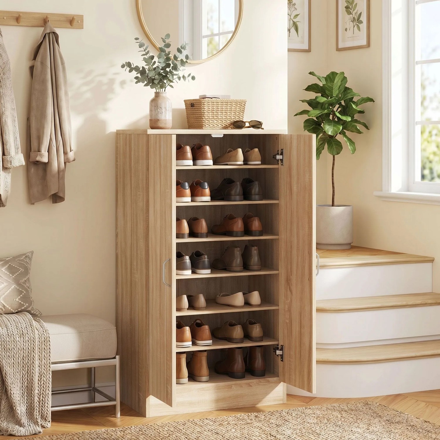 HOMCOM Schuhschrank in Naturholzoptik mit 7 Ebenen für Schuhe, offene Türen im Flur. Geräumige Schuhkommode.