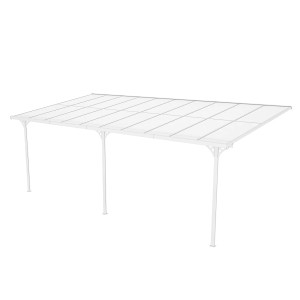Weiße Westmann Alu-Terrassenüberdachung Bruce 617 mit Polycarbonat-Doppelstegplatten.