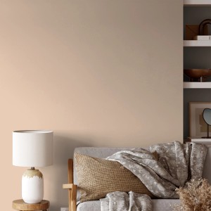 Wand in warmem Sand gestrichen mit matter V&CO Innenfarbe. Wohnraum mit Sofa und Lampe.