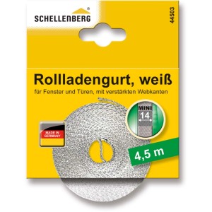 Schellenberg Rollladengurt Mini, 14 mm breit, 4,5 m lang, weiß, auf gelber Verpackung.