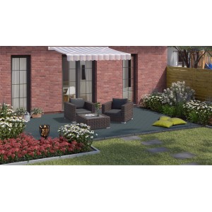 Anthrazitfarbene Premac Pflastersteine Klasiko 20x10x6 cm auf einer Terrasse mit Gartenmöbeln.