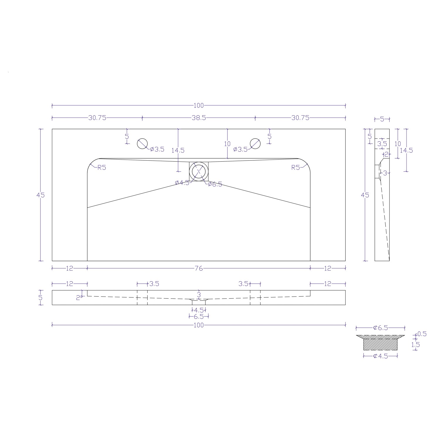 Technische Zeichnung Badmöbel Posseik Granit Yamo 100cm, Maße und Details.