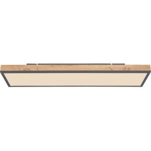 Rechteckige LED-Deckenleuchte Doro in Holzoptik mit graphitfarbenem Rahmen.