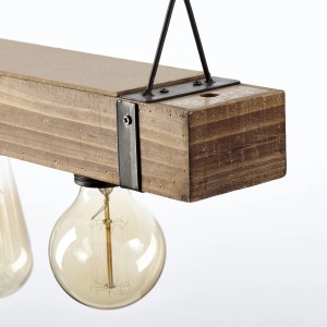 Detailansicht der 5-flammigen Pendelleuchte Woodhill in Schwarz und Holz mit klaren Glühbirnen.