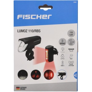 Fischer Fahrradbeleuchtung Set 110 Plus Twin Stop LED, bestehend aus Scheinwerfer und Rücklicht.