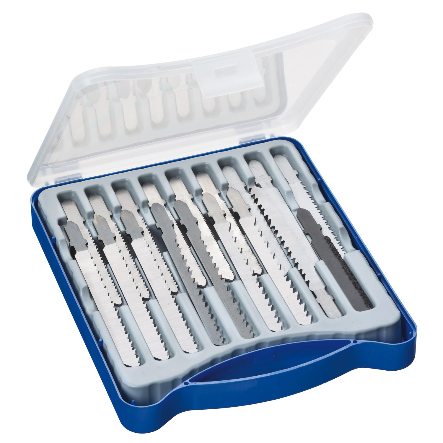 LUX Stichsägeblatt-Set, 18-teilig, T-Schaft für Holz, Metall, Keramik im blauen Kasten.