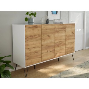 Posseik Sideboard Industrial P, weiß/Eiche, 155 cm breit, mit 4 Türen und Schubladen.