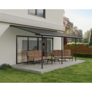 Canopia Terrassenüberdachung Capri, 610x300 cm, anthrazitgrau, mit Gartenmöbeln auf Terrasse.