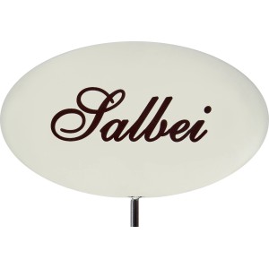 Kräuterstecker Emailleweiß mit Salbei-Schriftzug, 30 cm hoch, für Beet und Kübel.