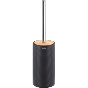 Schwarzer baliv WC-Bürstenhalter aus Keramik mit Holzdeckel und Rillenstruktur.