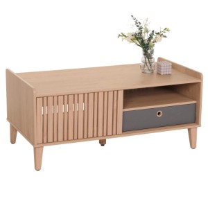 Beiger Couchtisch M48 mit grauer Schublade und Stauraum.