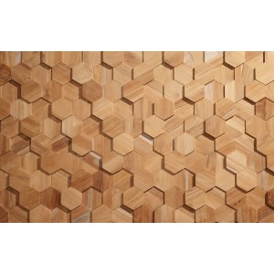 Holzverblender UltraWood Teak Hexagon in Braun für die Wandgestaltung im Innenbereich.
