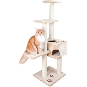 Beiger Jollypaw Kratzbaum Josina (142 cm) mit Katze auf einer Liegefläche.