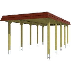 Skan Holz Carport Spreewald, 345x741cm, Nussbaum, rote Blende. Holzkonstruktion mit Aluminiumplatten.
