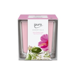 ipuro ESSENTIALS Duftkerze Flower Bowl, 125g im Glasgefäß mit Blumenmotiv.
