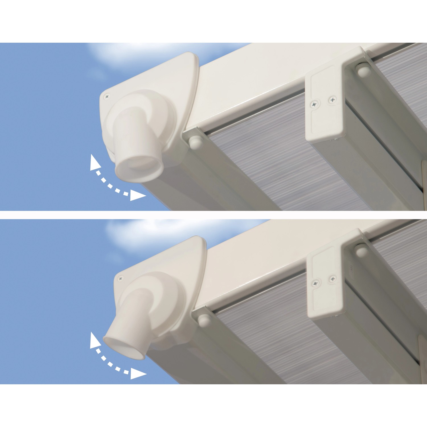 Detailaufnahme der weißen Palram Feria Terrassenüberdachung mit integrierter Regenrinne.