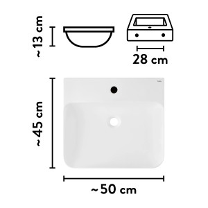 baliv Wand- & Aufsatzwaschtisch Rockport, 50 cm, weiß, Keramik, mit Hahnloch. Schemazeichnung mit Maßen.