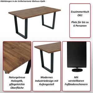 MCW Esstisch O61 in Walnuss-Optik, 160x90 cm, mit schwarzem Kufengestell für bis zu 6 Personen.