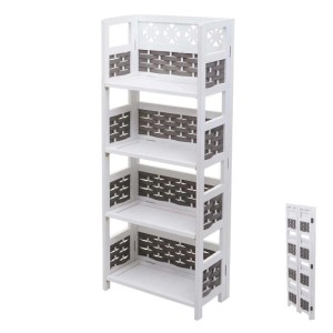Weißes MCW Regal K86 mit vier Böden und grauem Polyrattan-Geflecht.