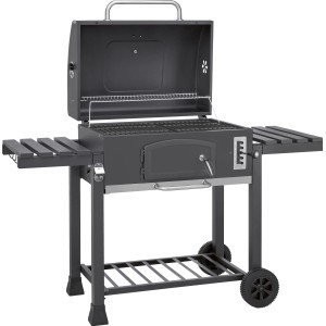Jamestown Holzkohlegrill Jaxon XL mit Deckel, Seitentischen und Ablagefläche.