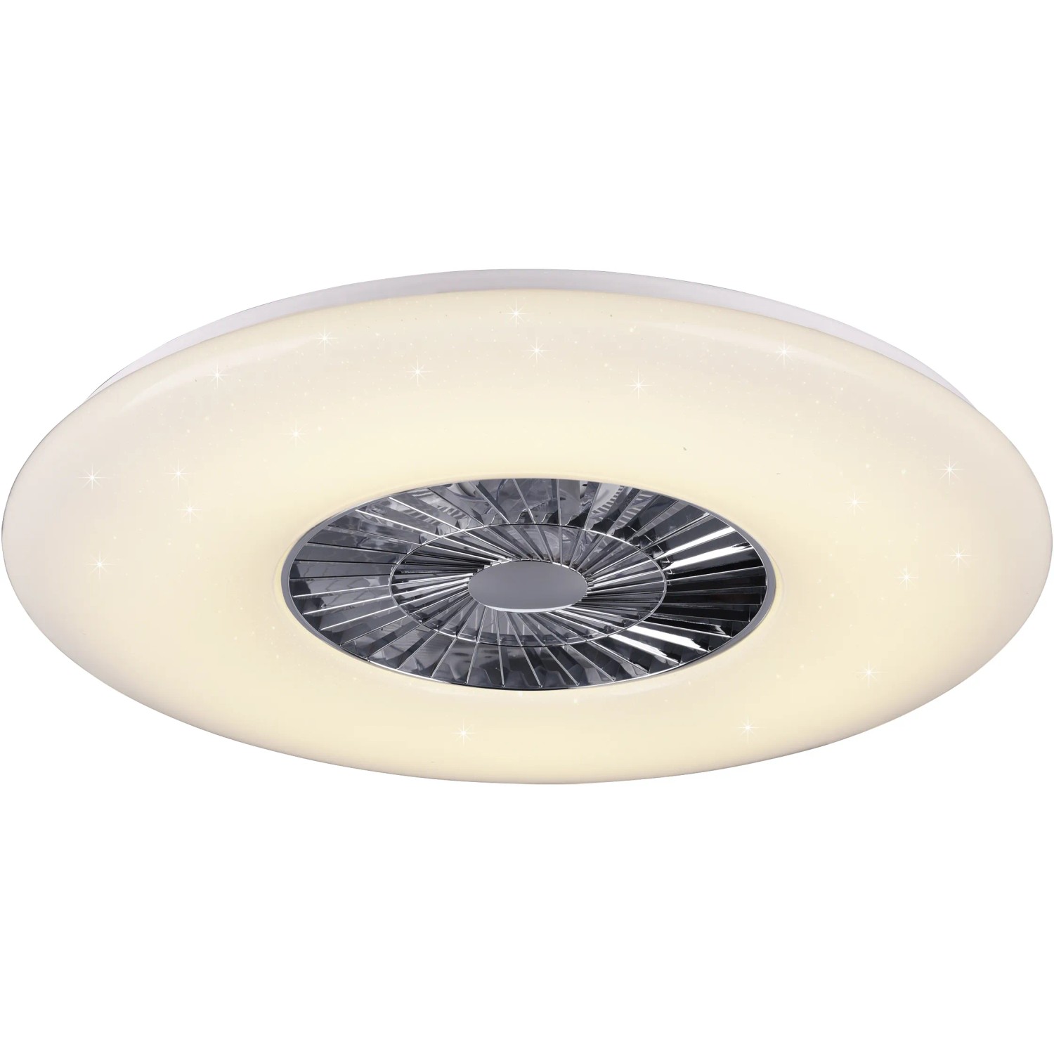 Weiße LED-Deckenleuchte Visby mit Ventilator und Chrom-Akzenten. Ideal als Deckenlampe.