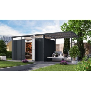 Karibu Metallgerätehaus Amato mit Anbaudach in Anthrazit, 218x342x231 cm. Gerätehaus mit offenem Anbau.