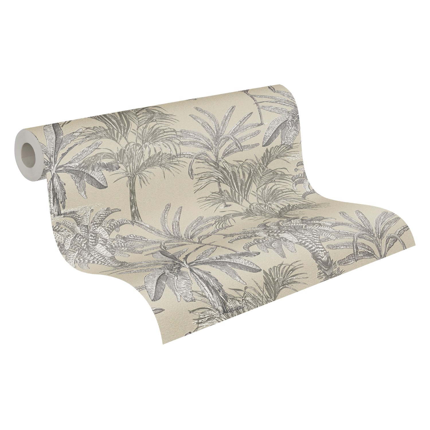 Michalsky Living Vliestapete Change mit Palmenmuster in Beige und Grau.