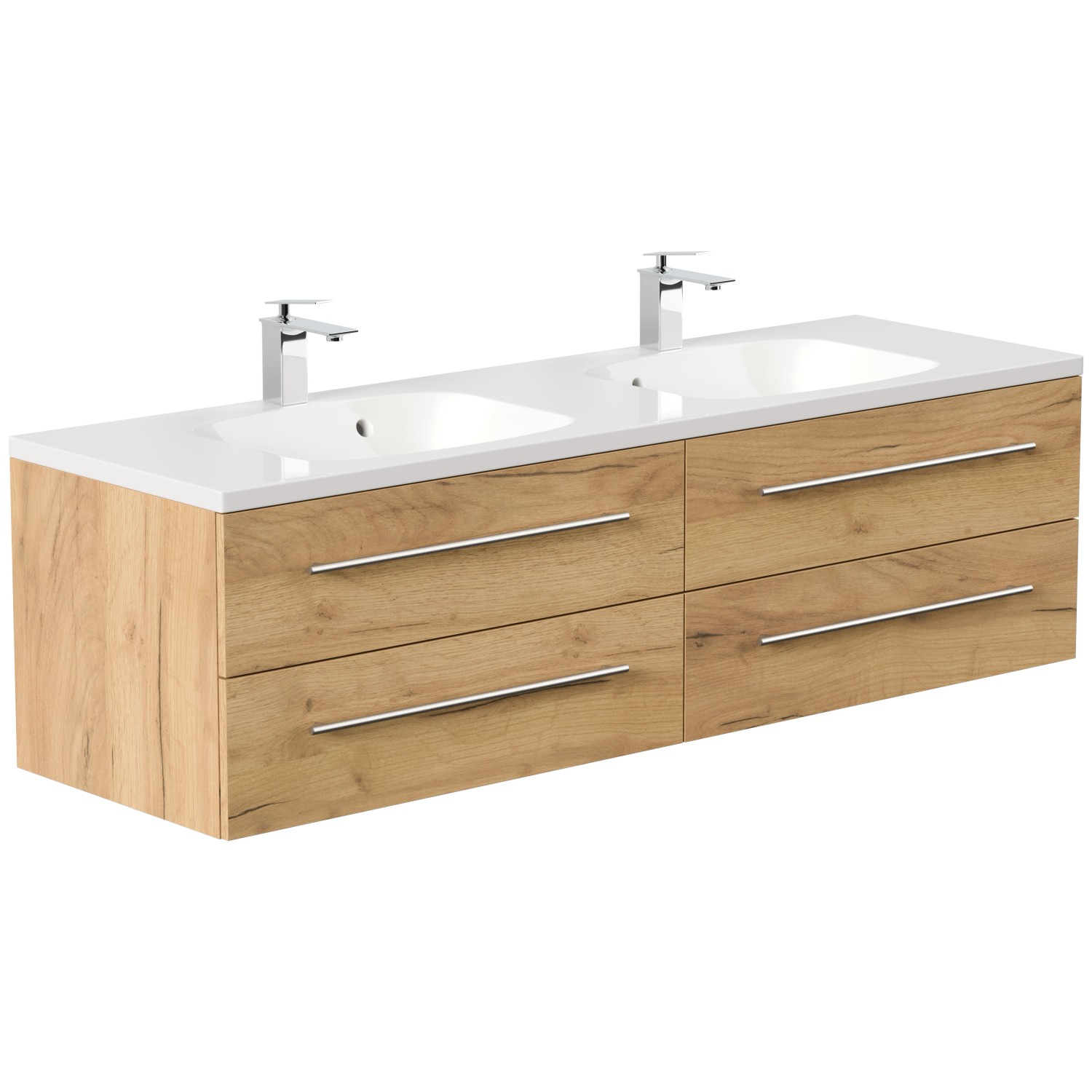 Posseik Badmöbel Geant 160 Eiche Gold: Unterschrank mit Doppelwaschbecken und vier Schubladen.