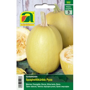 Saatgutpackung Austrosaat Kürbis Pyza (Spaghettikürbis) mit gelben Kürbissen.
