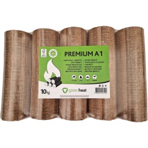 Greenheat Premium Hartholzbriketts, 10 kg, in PVC-Folie verpackt.