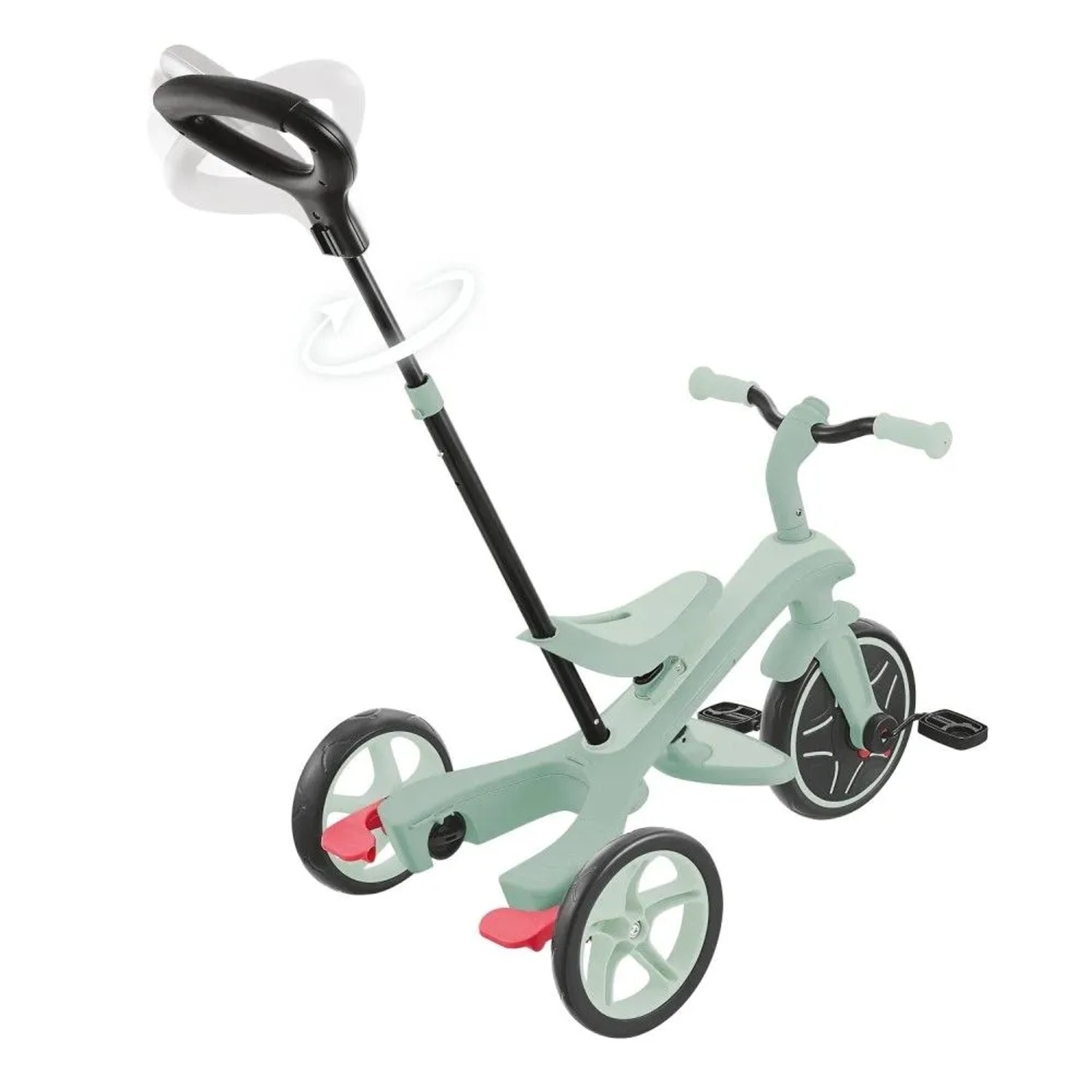 Globber Explorer Trike 4in1 Kinderfahrzeug in Pistazie, als Dreirad mit verstellbarer Schubstange.