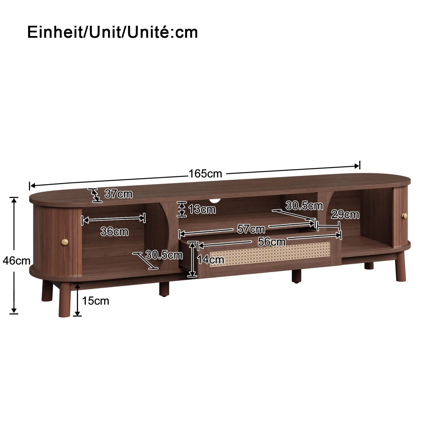 okwish TV Schrank mit Türen Schubladen Rattan Massivholz Stauraum 165x37x46cm Braun_5