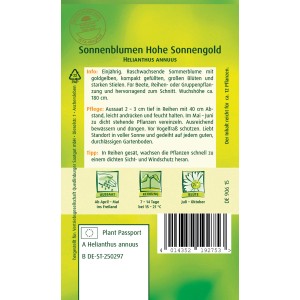 Samentüte Quedlinburger Sonnenblume 'hohe Sonnengold' für goldgelbe Blüten im Garten.