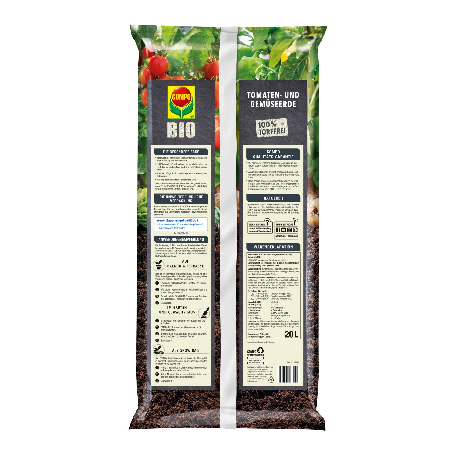 Sack Compo Bio Tomaten- und Gemüseerde, torffrei, 20L. Geeignet für Beet, Gewächshaus, Balkon und Terrasse.