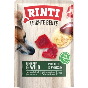 Rinti Feine Beute Hunde-Nassfutter Rind & Wild, getreidefrei und fettarm im 400g Frischebeutel.