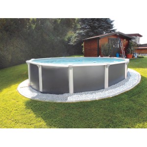 Chemoform Stahlwandpool Set Steely Supreme, Ø 485 cm, im Garten. Rundpool mit grauer Wand und weißem Rand.