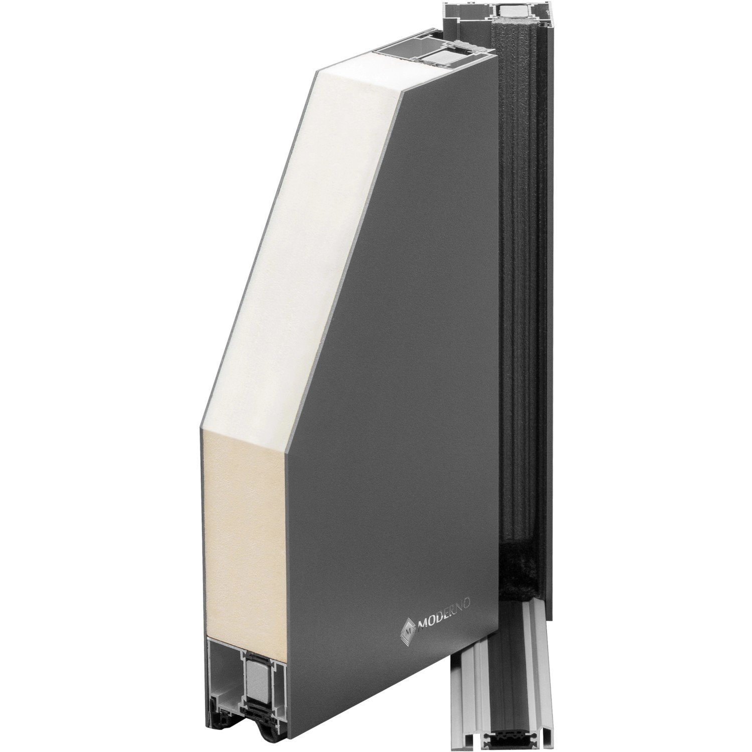 Querschnitt einer weißen Aluminium Haustür Moderno M490/P mit rechtem Anschlag.