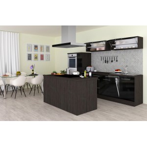 Respekta Premium Inselküche, 310 cm, Schwarz Hochglanz/Eiche Grau, mit Kochinsel und Elektrogeräten.