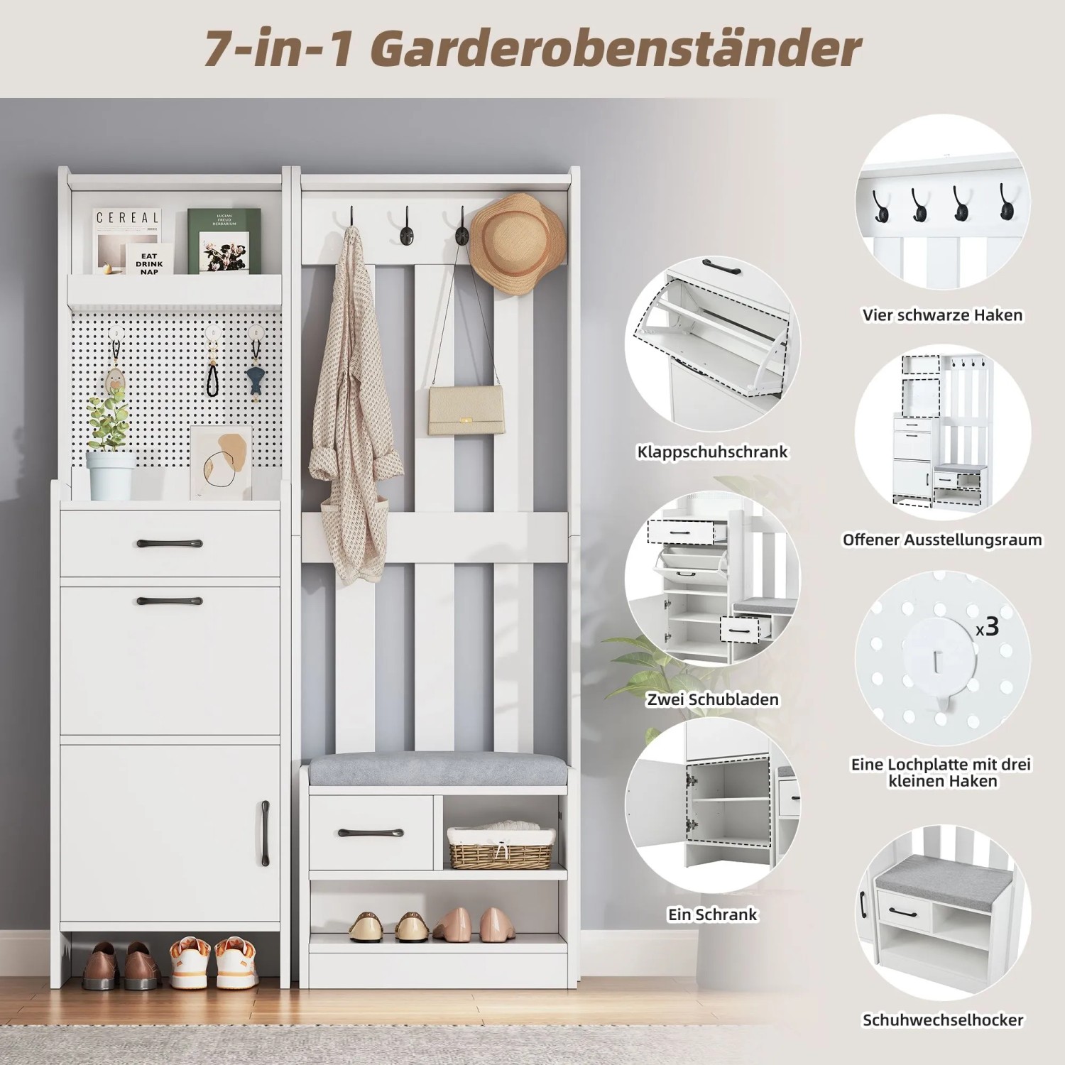 okwish Garderobenständer mit Schuhbank 7 Haken Flur 110x35x175cm Weiß_4