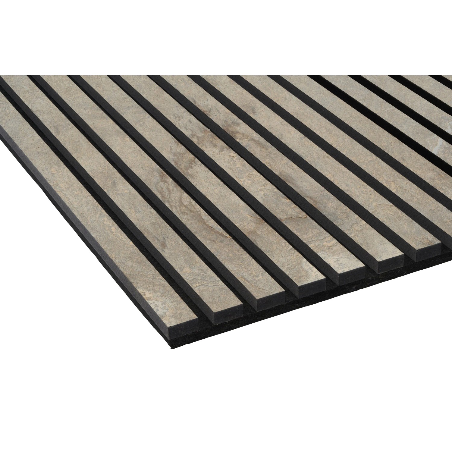 Akustikpaneel Steinfurnier Tan, MDF-Leisten auf schwarzem Filz, 60x240 cm.