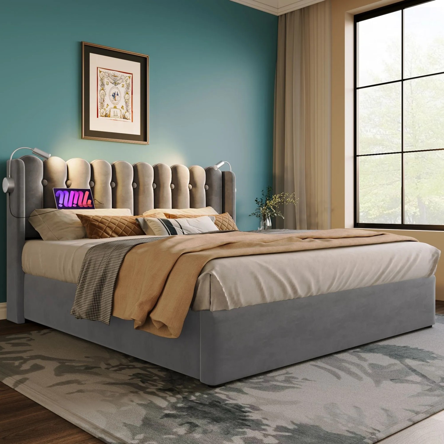 okwish Polsterbett 140x200cm mit Leselicht Stauraum Jugendzimmer Grau mit Matratze_6