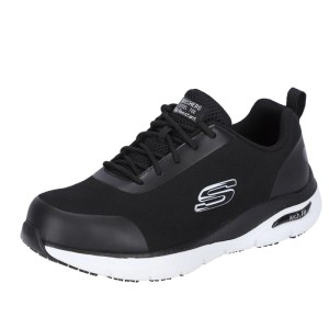 Skechers Ringstap Arch Fit S3 Sicherheitsschuh für Herren, schwarz-weiß, mit Stahlkappe und rutschhemmender Sohle.