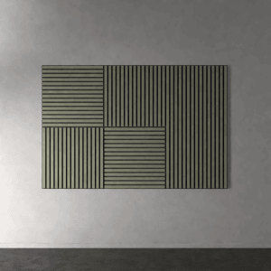 Akustikpaneel Lino Olive, 60x120cm, 2er-Set. MDF-Leisten auf schwarzem Filz für Wand- und Deckenmontage.