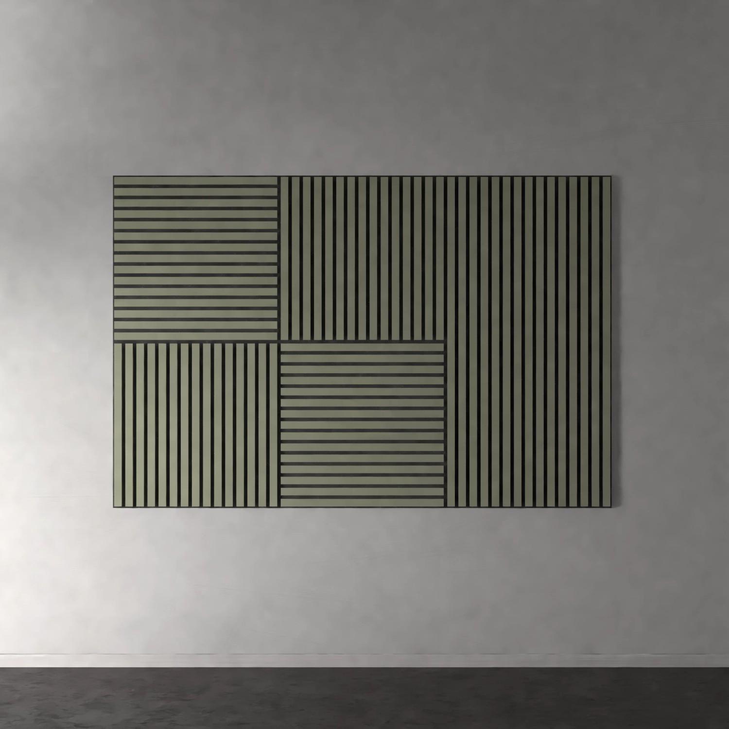 Akustikpaneel Lino Olive, 60x120cm, 2er-Set. MDF-Leisten auf schwarzem Filz für Wand- und Deckenmontage.