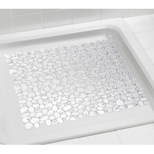 Transparente Wenko Duscheinlage Paradise mit Stein-Motiv und Saugnäpfen in Duschtasse.
