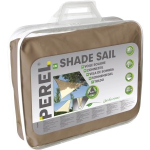 Verpacktes, braun-graues Perel Dreieck-Sonnensegel, 500x500 cm, UV-Schutz, wasserabweisend.