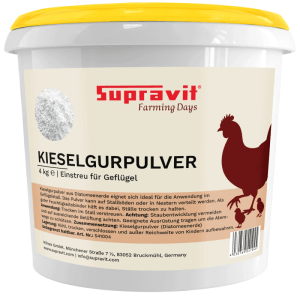 Weißer Eimer Supravit Kieselgurpulver 4 kg für Geflügel, mit gelbem Deckel und Hühner-Motiv. Ideal als Stall-Einstreu.