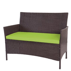Gartenbank Hamar aus Poly-Rattan, braun-meliert mit grünem Kissen.