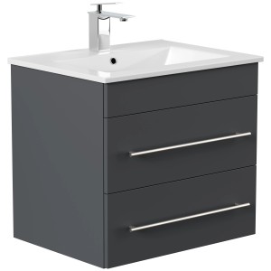Posseik Badmöbel Apollo Grafit: Waschbeckenunterschrank mit Keramikwaschbecken, grafitfarben, 2 Schubladen.