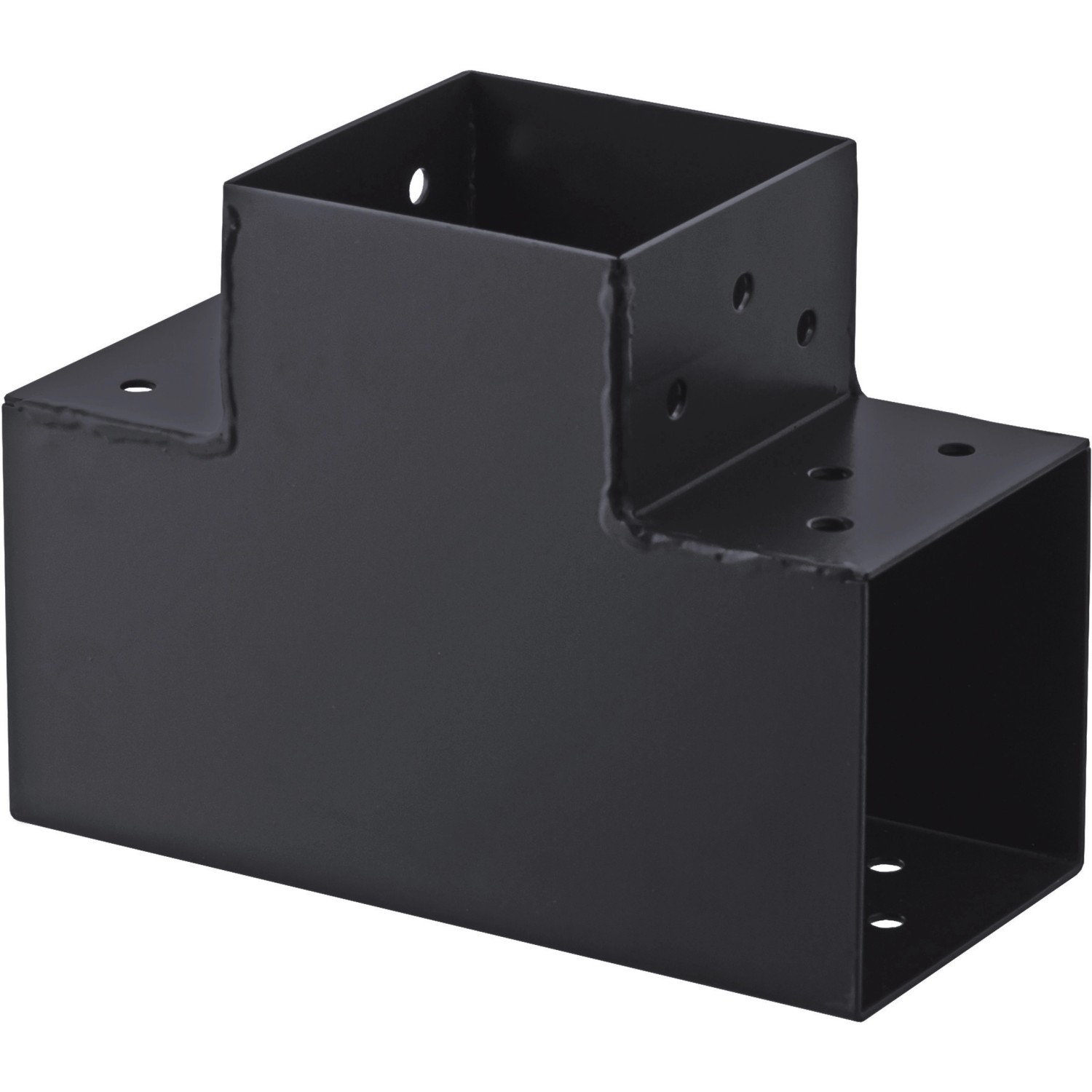 Anthrazitfarbener 90° Steckverbinder mit 3 Enden (91x91) für Holzkonstruktionen.